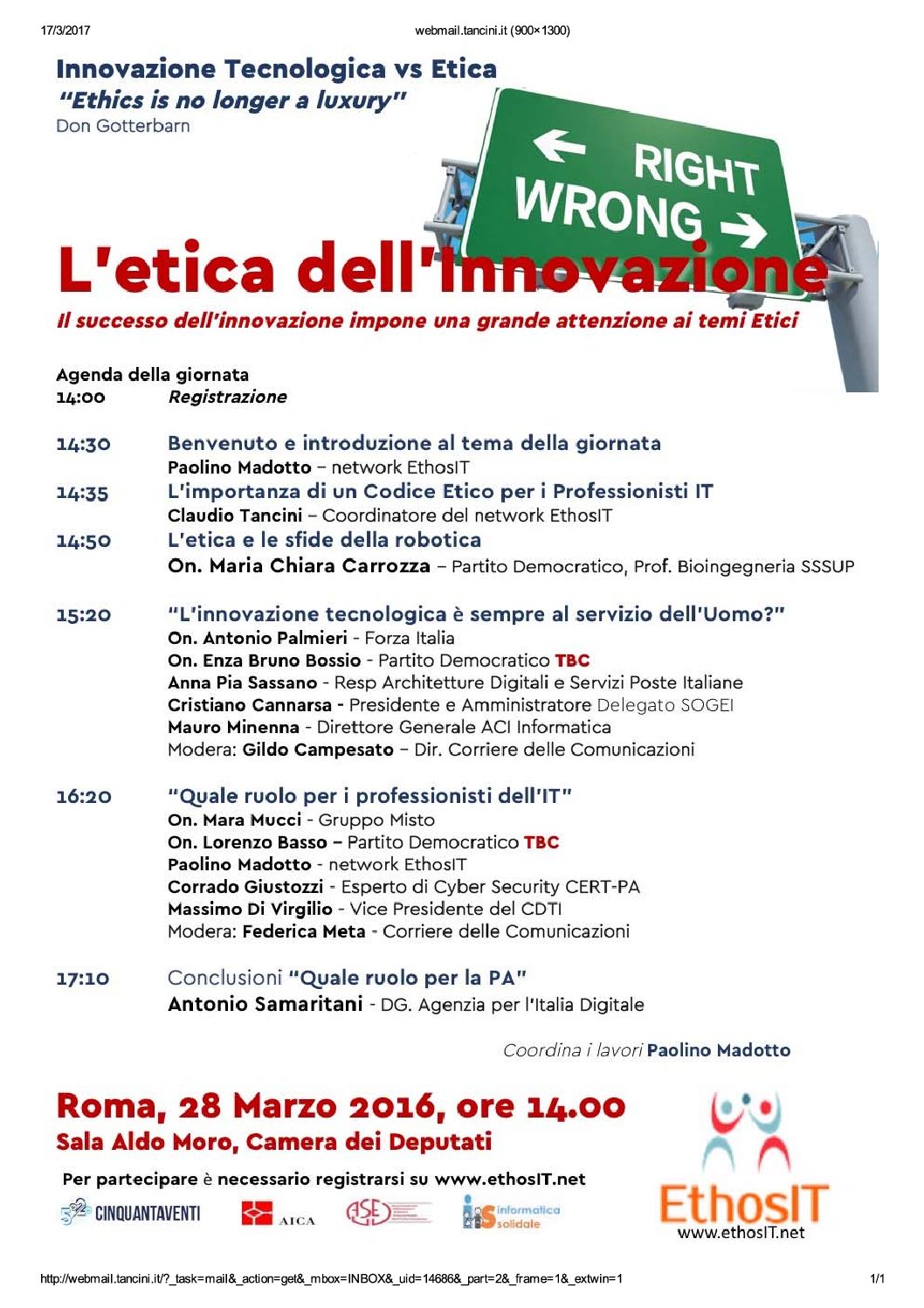 Innovazione vs Etica – 28 Marzo – Roma – Camera dei Deputati